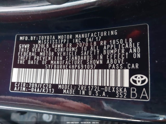 Aukcja sprzedaży 2017 Toyota Corolla Se, vin: 5YFBURHE4HP691097, numer aukcji: 44675301