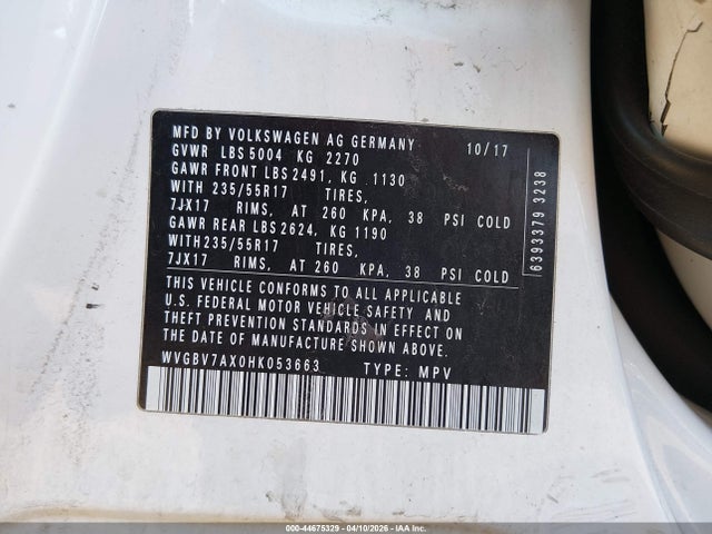 WVGBV7AX0HK053663 Volkswagen Tiguan 2.0t/2.0t S