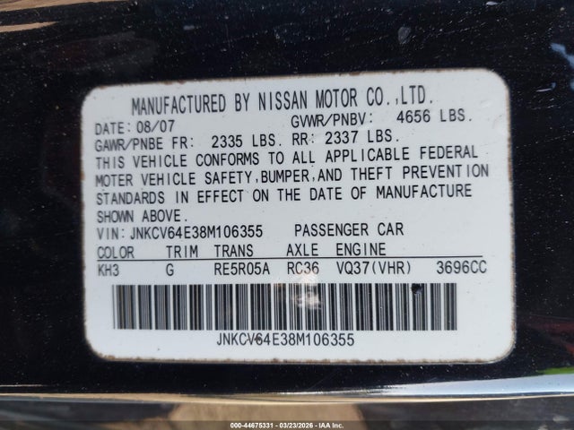 44675331 :رقم المزاد ، JNKCV64E38M106355 vin ، 2008 Infiniti G37 Journey مزاد بيع