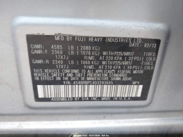 2013 Subaru Outback 2.5i Limited მანქანა იყიდება აუქციონზე, vin: 4S4BRBPC4D3293685, აუქციონის ნომერი: 44675333