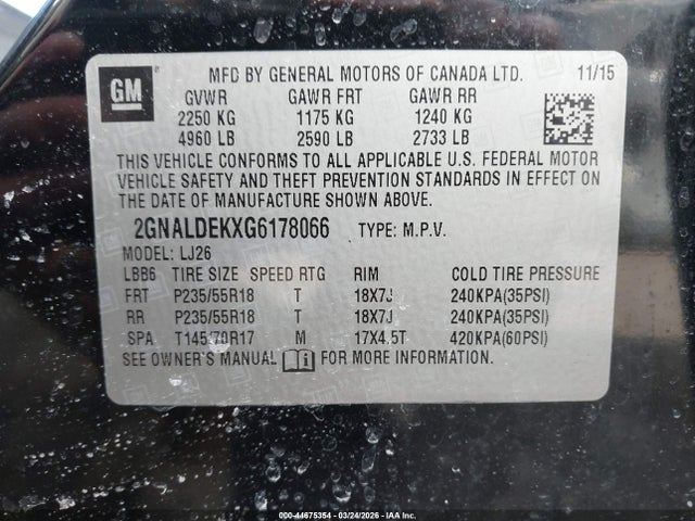 2016 Chevrolet Equinox Ltz მანქანა იყიდება აუქციონზე, vin: 2GNALDEKXG6178066, აუქციონის ნომერი: 44675354