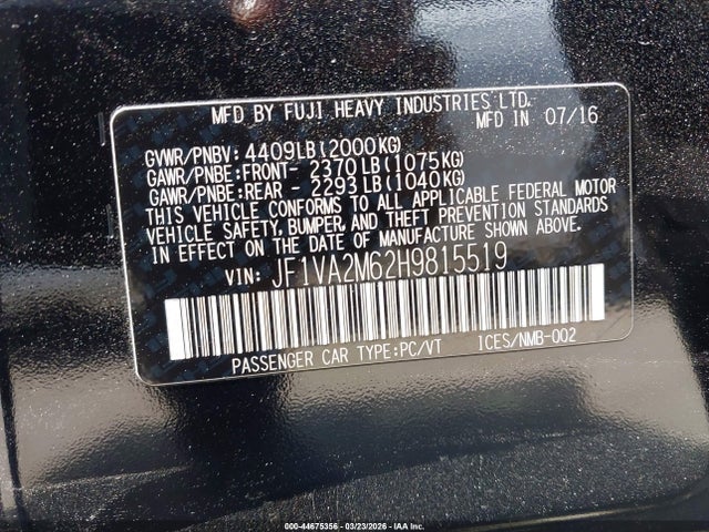 Aukcja sprzedaży 2017 Subaru Wrx Sti, vin: JF1VA2M62H9815519, numer aukcji: 44675356