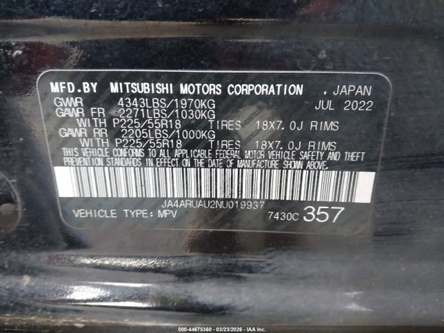 Aukcja sprzedaży 2022 Mitsubishi Outlander Sport 2.0 Es Awc, vin: JA4ARUAU2NU019937, numer aukcji: 44675360