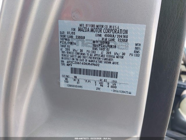 44675373 :رقم المزاد ، 4F2CZ06145KM49602 vin ، 2005 Mazda Tribute S مزاد بيع