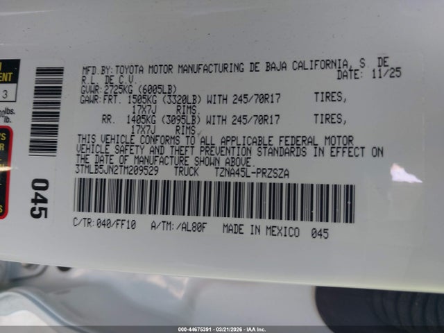 44675391 :رقم المزاد ، 3TMLB5JN2TM209529 vin ، 2026 Toyota Tacoma Sr5 مزاد بيع
