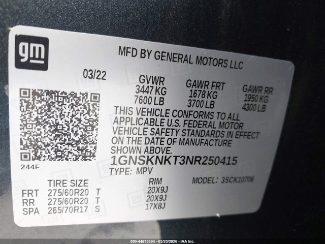 Auction sale of the 2022 Chevrolet Tahoe 4wd Lt, vin: 1GNSKNKT3NR250415, lot number: 44675394