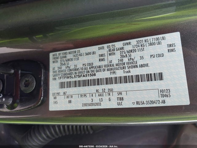 Aukcja sprzedaży 2025 Ford F-150 Lariat, vin: 1FTFW5L57SFA51508, numer aukcji: 44675395