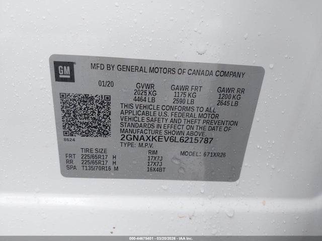 2GNAXKEV6L6215787 Chevrolet Equinox Fwd Lt 1.5l Turbo