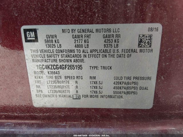 1GC4KZCG4GF265195 Chevrolet Silverado 3500hd Lt