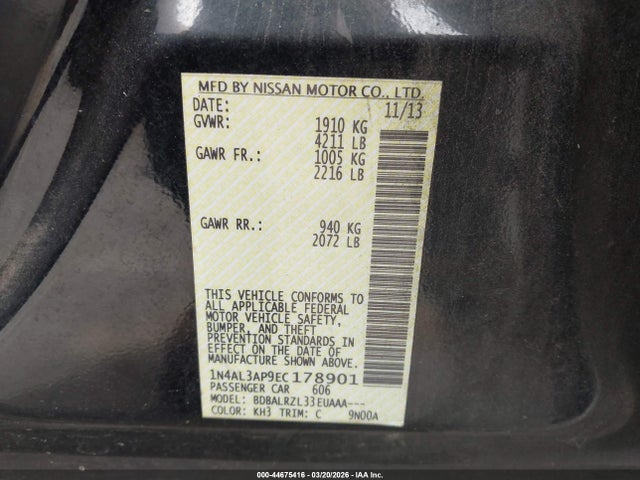 44675416 :رقم المزاد ، 1N4AL3AP9EC178901 vin ، 2014 Nissan Altima 2.5 S مزاد بيع
