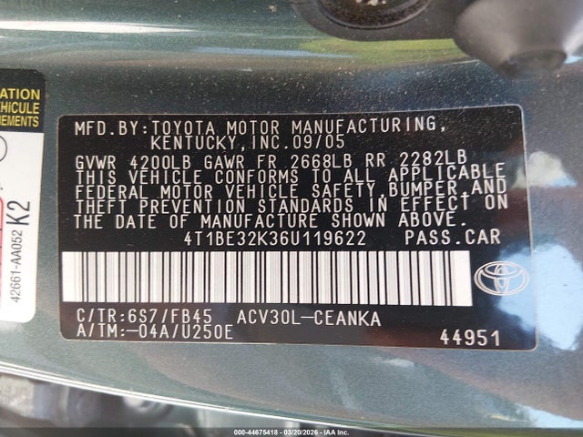 44675418 :رقم المزاد ، 4T1BE32K36U119622 vin ، 2006 Toyota Camry Le مزاد بيع