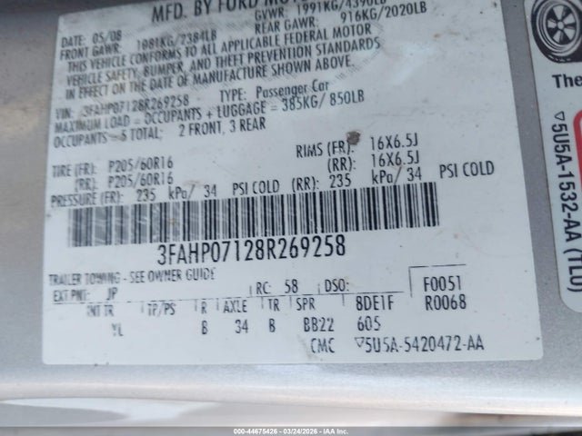 2008 FORD FUSION 3FAHP07128R269258 Photo 8