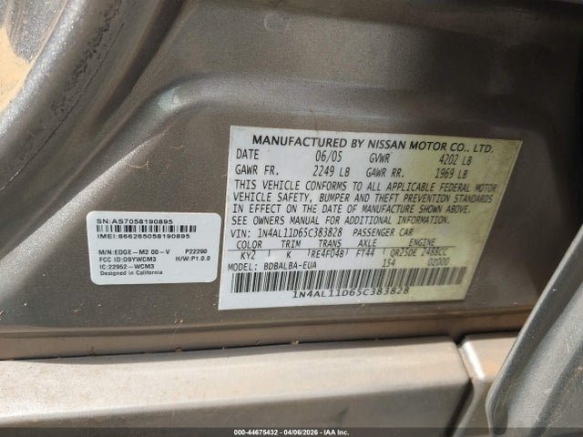 Продаж на аукціоні авто 2005 Nissan Altima 2.5 S, vin: 1N4AL11D65C383828, номер лоту: 44675432