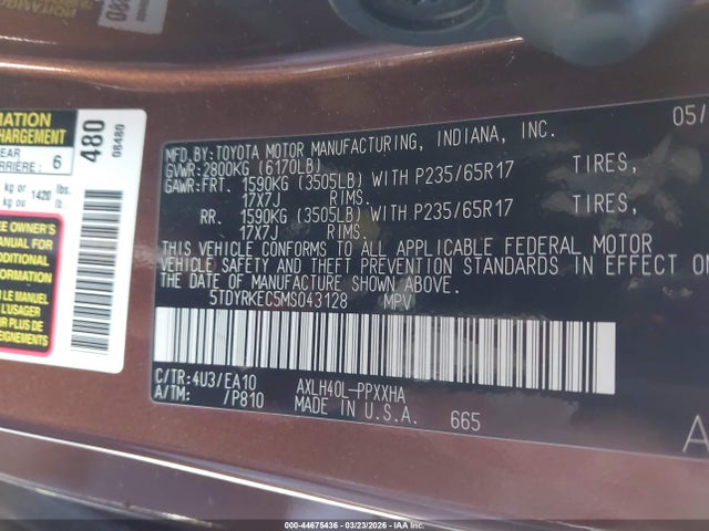 Toyota SIENNA XLE 2021 5TDYRKEC5MS043128 Image 9
