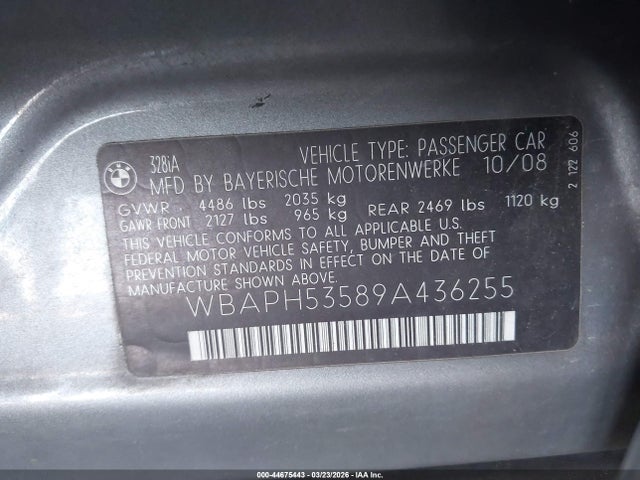 2009 Bmw 328i მანქანა იყიდება აუქციონზე, vin: WBAPH53589A436255, აუქციონის ნომერი: 44675443
