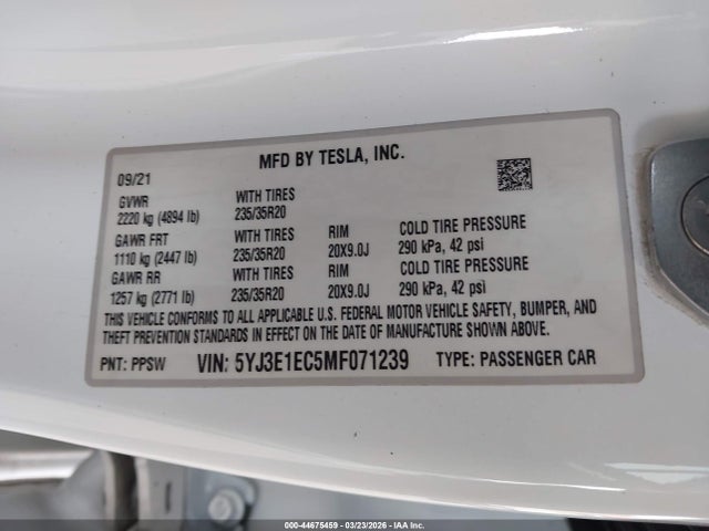 2021 TESLA MODEL 3 5YJ3E1EC5MF071239 Photo 8