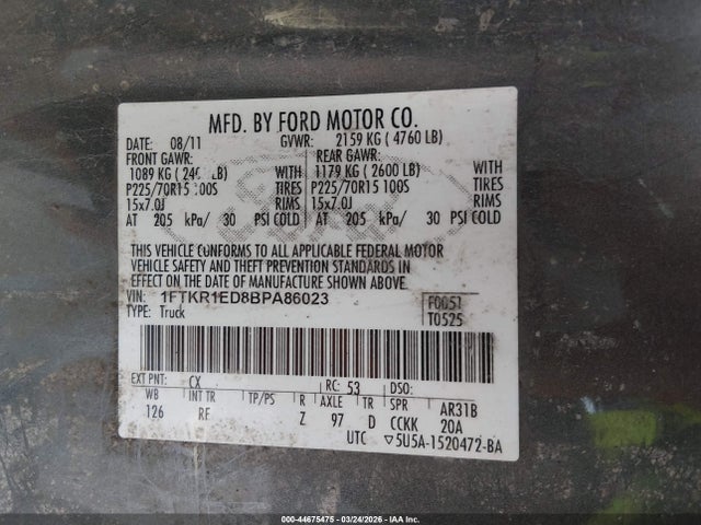 Продажа на аукционе авто 2011 Ford Ranger Xlt, vin: 1FTKR1ED8BPA86023, номер лота: 44675475