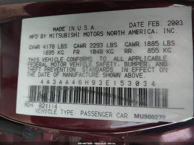 2003 MITSUBISHI GALANT 4A3AA46H93E153034 Photo 8