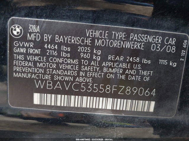 Продажа на аукционе авто 2008 Bmw 328i, vin: WBAVC53558FZ89064, номер лота: 44675482