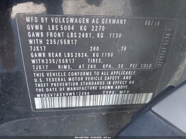 44675490 :رقم المزاد ، WVGSV7AX9HW512486 vin ، 2017 Volkswagen Tiguan 2.0t Wolfsburg Edition مزاد بيع