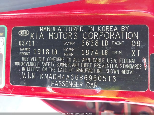 2011 KIA RIO KNADH4A36B6960513 Photo 8