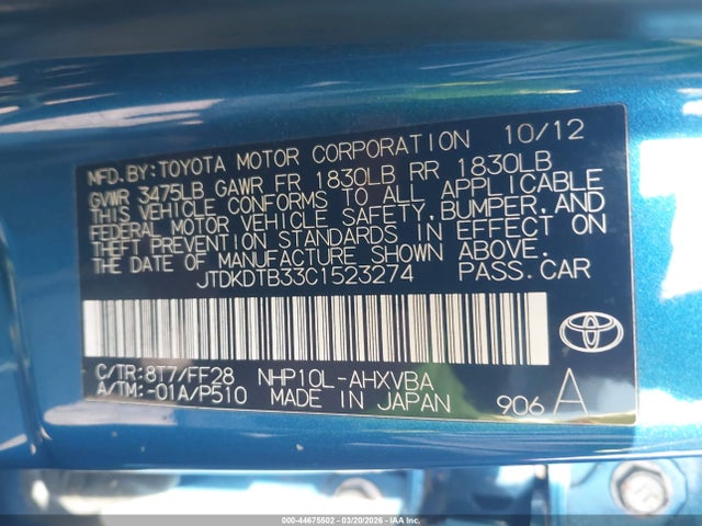 2012 TOYOTA PRIUS C JTDKDTB33C1523274 Photo 8