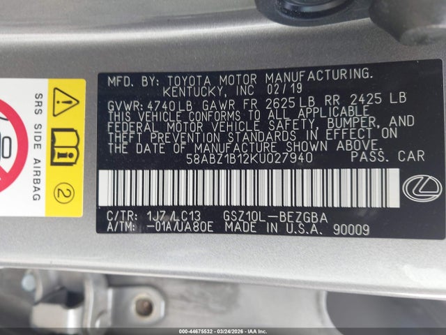 44675532 :رقم المزاد ، 58ABZ1B12KU027940 vin ، 2019 Lexus Es 350 Ultra Luxury مزاد بيع