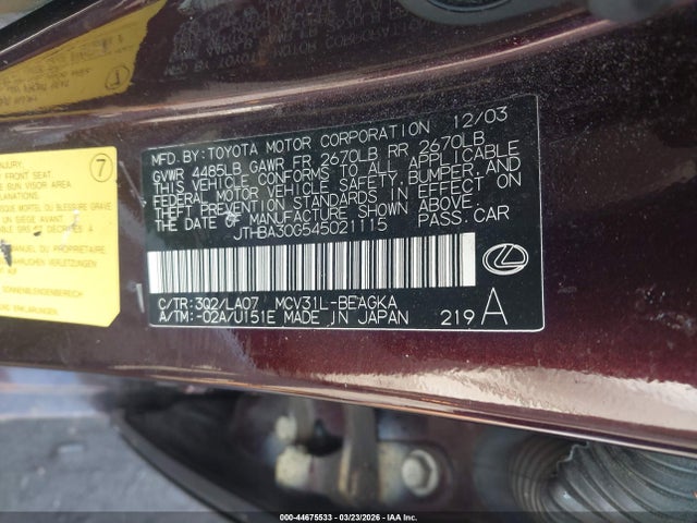 2004 LEXUS ES 330 JTHBA30G545021115 Photo 8