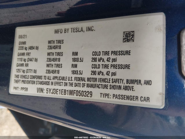 2021 TESLA MODEL 3 5YJ3E1EB1MF050329 Photo 8