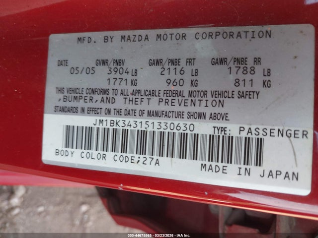 Продажа на аукционе авто 2005 Mazda Mazda3 S, vin: JM1BK343151330630, номер лота: 44675565