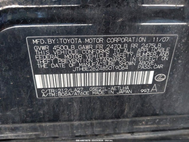 Aukcja sprzedaży 2008 Lexus Is 350, vin: JTHBE262485019064, numer aukcji: 44675579
