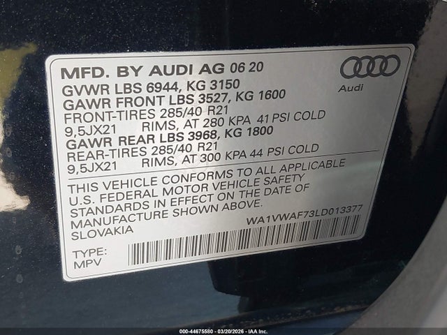 Aukcja sprzedaży 2020 Audi Sq7 Prestige Tfsi Quattro Tiptronic, vin: WA1VWAF73LD013377, numer aukcji: 44675580