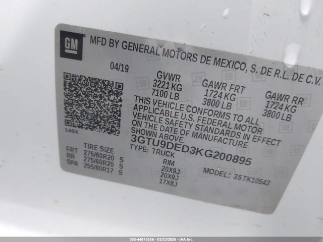Продаж на аукціоні авто 2019 Gmc Sierra 1500 Slt, vin: 3GTU9DED3KG200895, номер лоту: 44675586