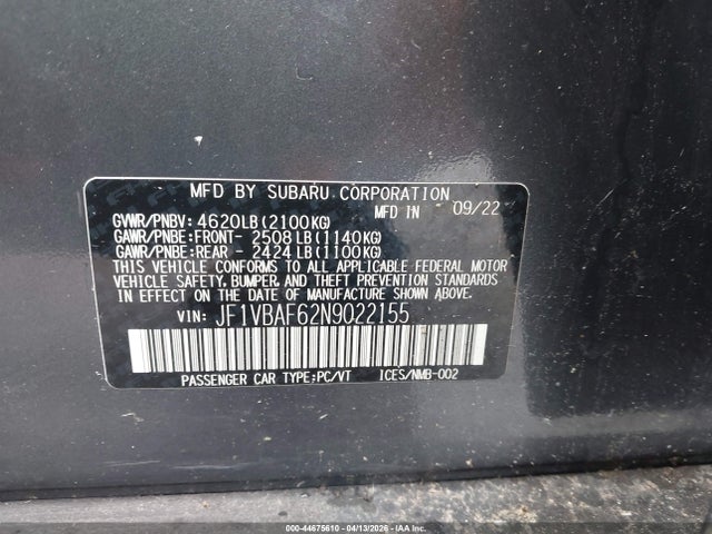 Продаж на аукціоні авто 2022 Subaru Wrx Premium, vin: JF1VBAF62N9022155, номер лоту: 44675610