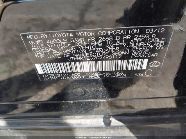 44675617 :رقم المزاد ، JTHBK1EG2C2498112 vin ، 2012 Lexus Es 350 مزاد بيع