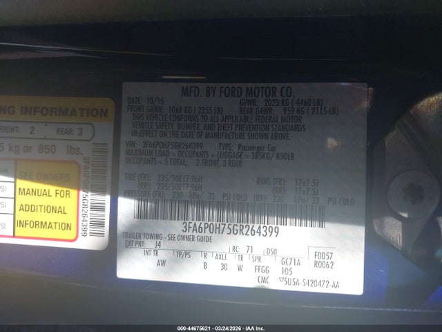 Aukcja sprzedaży 2016 Ford Fusion Se, vin: 3FA6P0H75GR264399, numer aukcji: 44675621