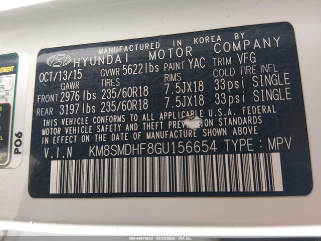 KM8SMDHF8GU156654 Hyundai Santa Fe Se