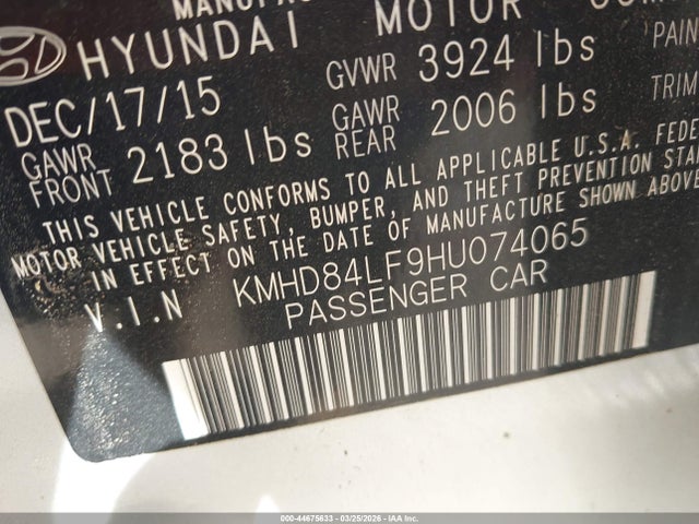 44675633 :رقم المزاد ، KMHD84LF9HU074065 vin ، 2017 Hyundai Elantra Se مزاد بيع