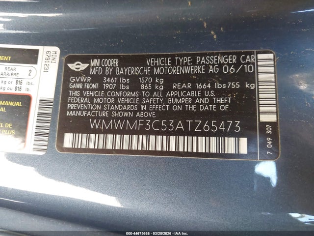 2010 MINI COOPER WMWMF3C53ATZ65473 Photo 8
