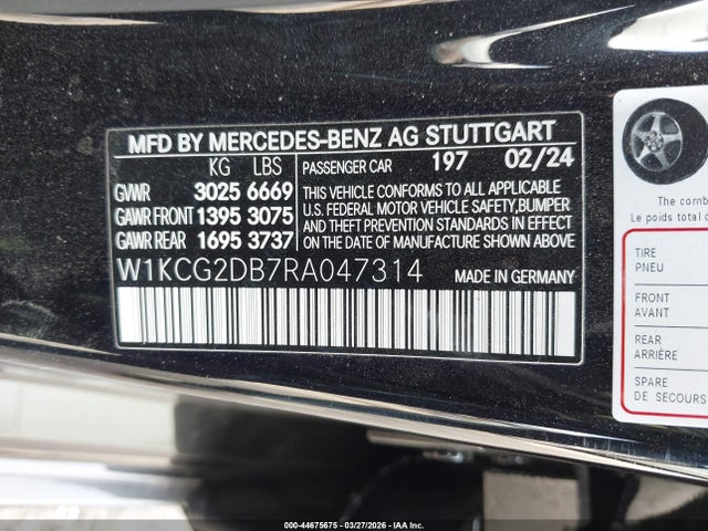 44675675 :رقم المزاد ، W1KCG2DB7RA047314 vin ، 2024 Mercedes-benz Eqs 450+ مزاد بيع