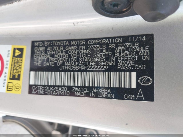 Aukcja sprzedaży 2015 Lexus Ct 200h, vin: JTHKD5BHXF2222229, numer aukcji: 44675685