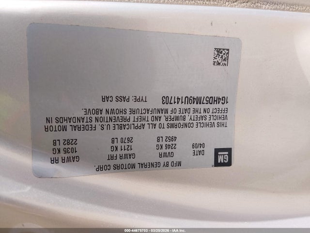 44675703 :رقم المزاد ، 1G4HD57M49U141703 vin ، 2009 Buick Lucerne Cxl مزاد بيع