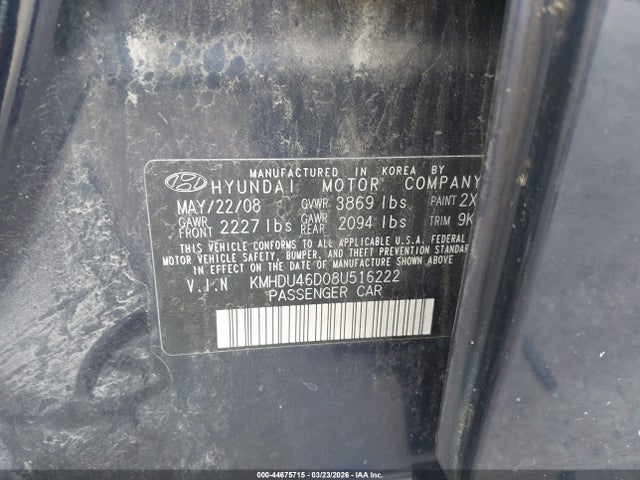 Aukcja sprzedaży 2008 Hyundai Elantra Gls/se, vin: KMHDU46D08U516222, numer aukcji: 44675715