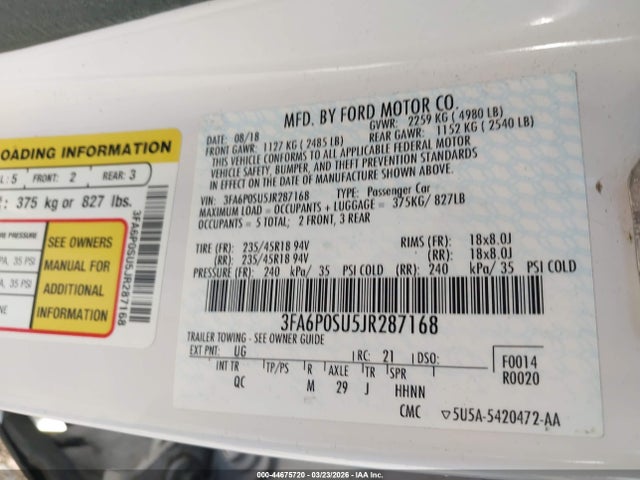 Aukcja sprzedaży 2018 Ford Fusion Energi Platinum, vin: 3FA6P0SU5JR287168, numer aukcji: 44675720