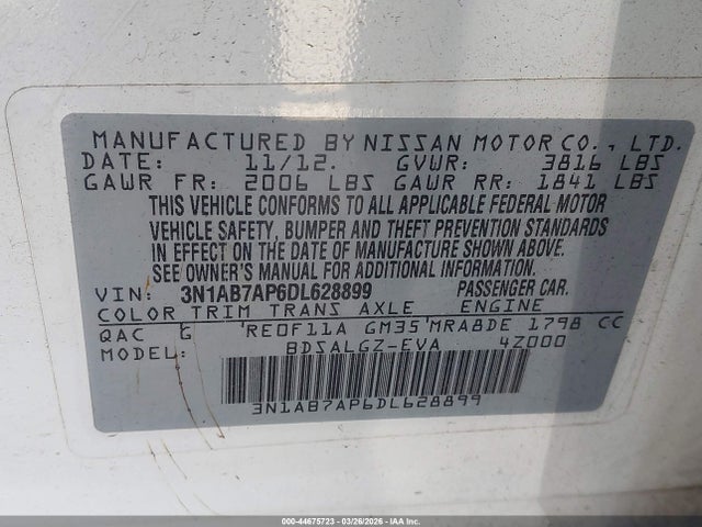 44675723 :رقم المزاد ، 3N1AB7AP6DL628899 vin ، 2013 Nissan Sentra Sl مزاد بيع