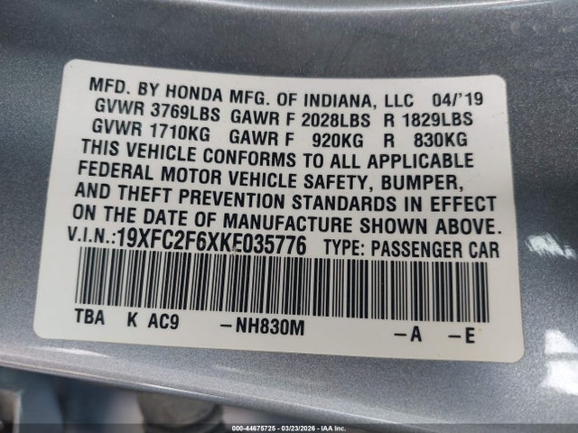 2019 Honda Civic Lx მანქანა იყიდება აუქციონზე, vin: 19XFC2F6XKE035776, აუქციონის ნომერი: 44675725