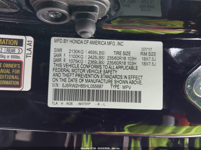 5J6RW2H85HL055687 Honda Cr-v Ex-l/ex-l Navi