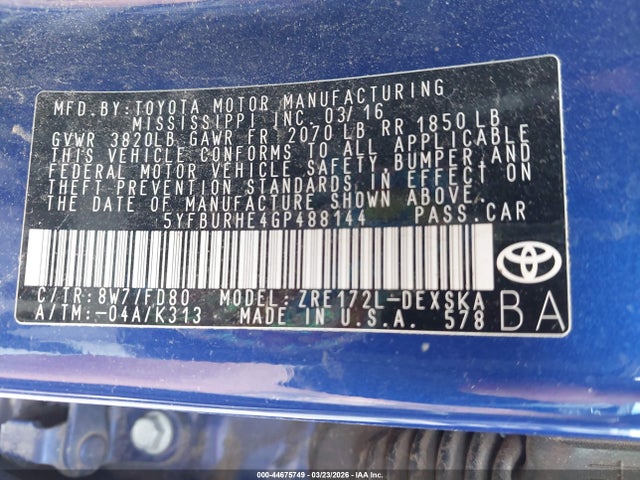 5YFBURHE4GP488144 Toyota Corolla S Plus