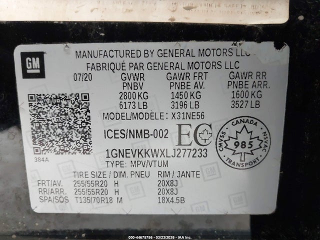 1GNEVKKWXLJ277233 Chevrolet Traverse Premier