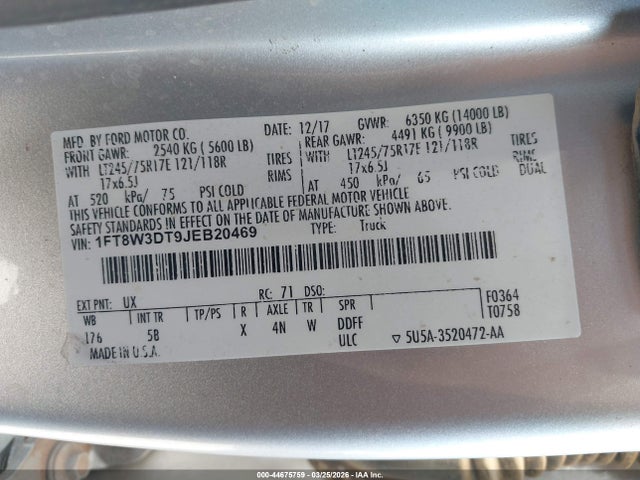 Продаж на аукціоні авто 2018 Ford F-350 Lariat, vin: 1FT8W3DT9JEB20469, номер лоту: 44675759